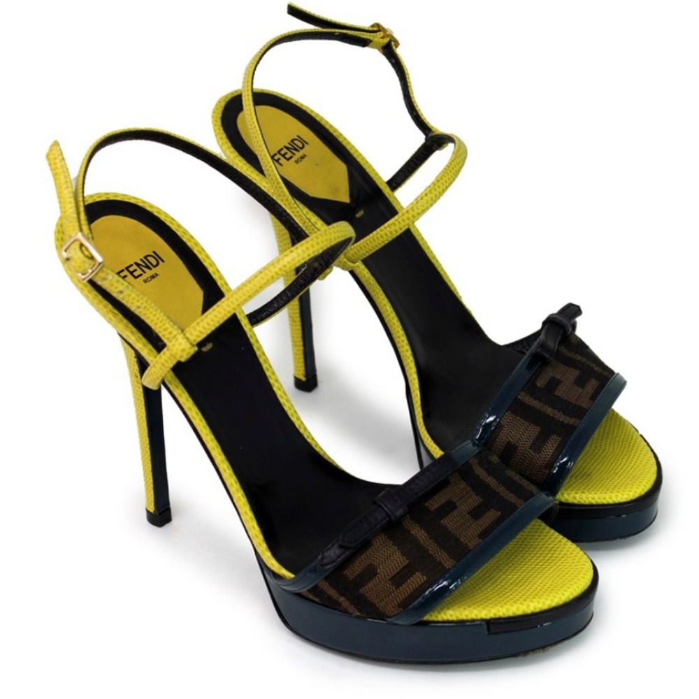 Fendi Vero Cucio Yellow/Black/Teal Blue Leather Women's Size 39 High Heel Shoes